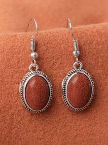 1 Pair Vintage Oval Sand-Textured Versatile Holiday Style Earrings, Multiple Colors Available (Natural Stone Texture May Vary) - Orange - View 2