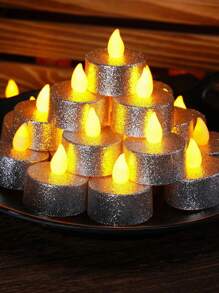 6/12/24 stuks LED Kerst Decoratieve Theelichtjes, Batterij-aangedreven Vlamloze Realistische Waxkaarsen, Zilveren Glitter Theelichtjes, Rookloze Winddichte Kaarsen Voor Bruiloft, Halloween, Kerstmis, Woondecoratie