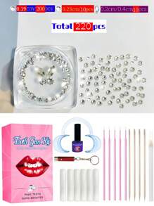 220 piezas Kit DIY de joyas autoadhesivas súper brillantes para los dientes, fácil de desmontar e instalar, decoración de dientes con mariposa, cristal blanco de forma redonda asimétrica, pegatinas luminosas para los dientes en estilo hip hop gótico europeo y americano, adecuadas para bares, karaoke, fiestas, festivales y Halloween, con adhesivo fuerte y todas las herramientas y pegamento necesarios