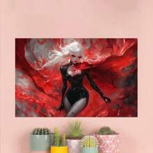 Framed Crimson Marked Warrior Canvas, White Hair, Leather Clad, Piercing Stare, Red Splatter, Edgy Portrait, Visceral Fantasy, Dark Aesthetic, Untamed Spirit