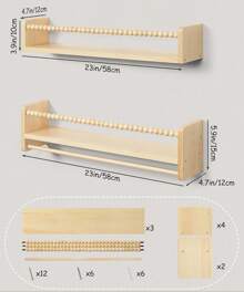 Wall Shelf Wooden Children's Room Bookcase 58cm Set Of 3 Floating Shelves Children's Shelf Wood With Wooden Bead Design For Organizer Kitchen Spice Rack Wall Decoration Storage Shelf For Children Bathroom Living Room