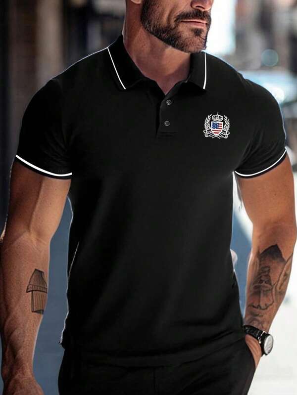 HUODA Men's T-Shirt With Contrast Collar, Front Button, Badge Print, Short Sleeve, Casual Everyday Wear