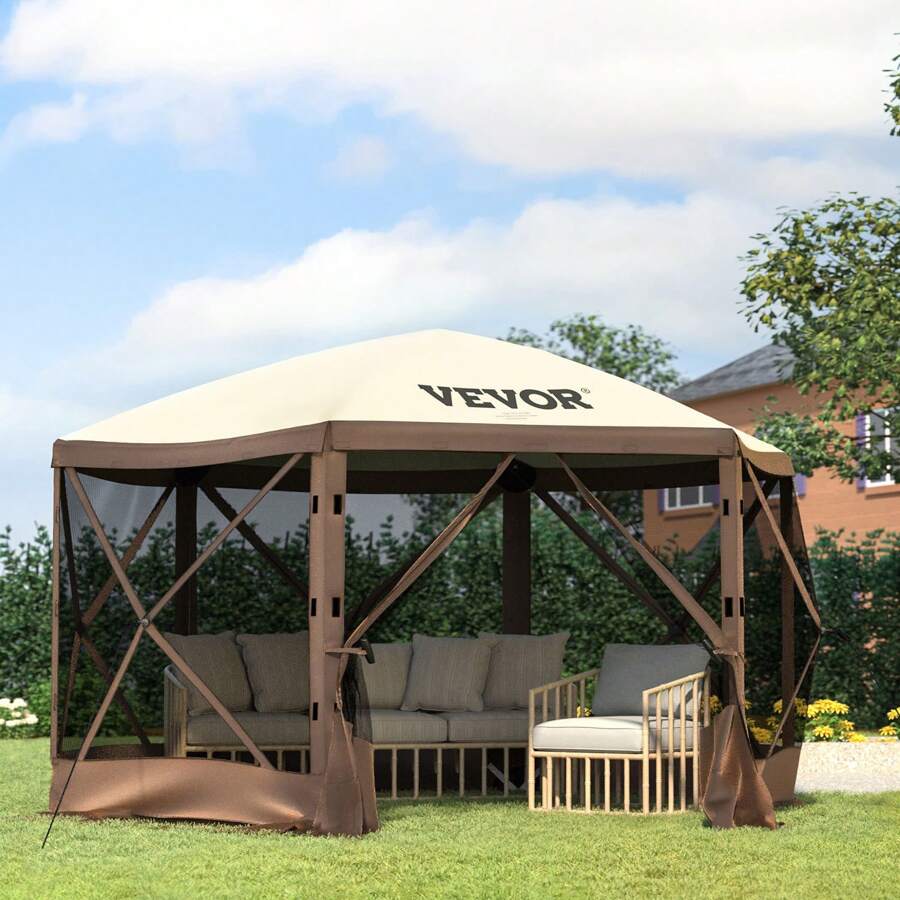 Gazebo Screen Tent, Pop Up Gazebo Tent, Pop-Up Screen Tent 4/6 Sided Canopy Sun Shelter With 4/6 Removable Privacy Wind Cloths & Mesh Windows, Quick Set Screen Tent With Mosquito Netting - 10 x 10 ft, Brown - 查看 1