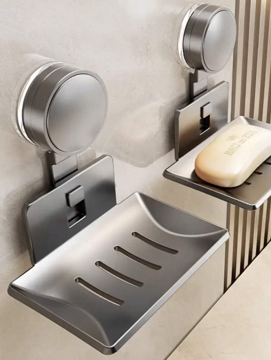 1 件/3 件现代灰色金属肥皂盒带吸盘，壁挂式肥皂架带排水，浴室搁板收纳架，浴室配件，无损安装