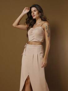 CONJUNTO 2025 últimas modas populares saia suspensórios terno feminino mais vendidos novos produtos - Caqui - Visão 3