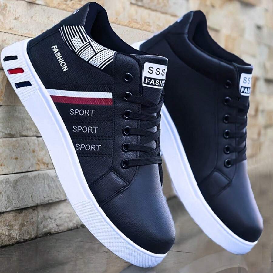 Men ZHENYUEZU Skate Shoes - Versatile Casual Sneakers, Mid-Top, Lace-Up, White With Red/Blue Stripe Details, Durable PU Upper And EVA Insole, Round Toe Design, Suitable For Casual Wear, Skate Shoes - màu đen - Xem 1