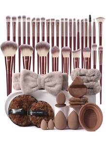 46/41/36pcs Makeup Sponge Puff And Makeup Brush Set, Includes Powder Brush, Blush Brush, Contour Brush, Foundation Brush, Nose Brush, Eye Shadow Brush, Eyebrow Brush, Lip Brush, Detail Brush, Makeup Sponge Blender, Triangle Powder Puff, Makeup Brush Cleaning Bowl, Makeup Sponge, Finger Puff, Mini Detail Makeup Sponge, 1 Makeup Headband And 2 Wrist Bands, Makeup Remover Puff,Giveaways,Professional Makeup Brushes,Complete Makeup Set - Multicolor - View 1