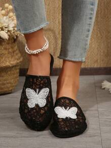 Women's Mule Slippers With Bow Embroidered Mesh Design, Elegant Slip-On House Slippers For Indoor & Outdoor Wear, Black Flat Breathable Comfy Slides - Black - View 4