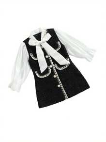 Toddler Baby Girl Tweed Plaid Dress Outfit Elegant Black And White Dress Princess Birthday Party Dress Long Sleeve A Line Dress Front Tie Ruffle 2 In 1 Collared Button Up Short Dresses - Đen và trắng - Xem 4