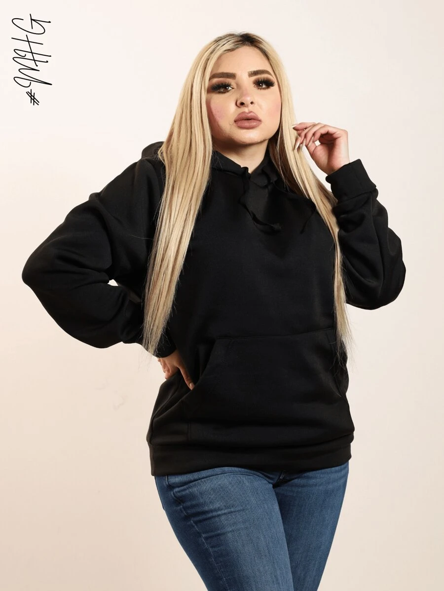 Solid Drop Shoulder Casual Hoodie - Black - View 1