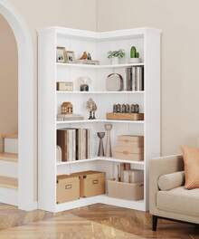 Farmhouse Bookshelf Corner Bookcase 72.8" Large Bookcase Wood Bookshelf Tall L Shaped Bookshelf 5 Tier Corner Shelf Display Rack Etagere Shelf Storage For Office Bedroom - White - View 4