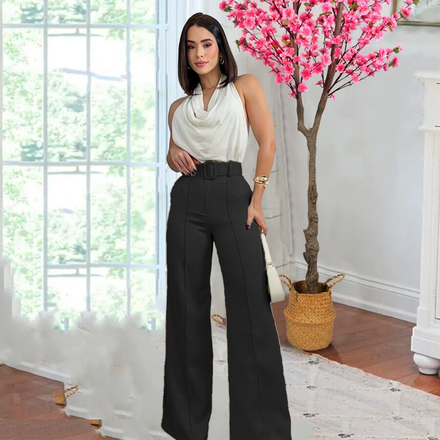 Pantalon mujer corte amplio cintura alta con cinturon elegante - Negro - Ver 1