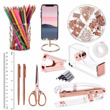Superlele Rose Gold / Gold Office Supplies And Accessories Set, Acrylic Stapler Set For Back To School Season, Staple Remover, Phone Holder, Pen Holder, Scissor, Ruler, Transparent Tape, Back To School Dormitory Storage