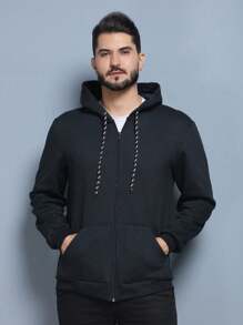 Zipper Sweatshirt Cold Weather Top Closed Flannel Hooded Sweatshirt Cotton Coat Unisex Women Men Plain Without Print - 黑色 - 查看 4