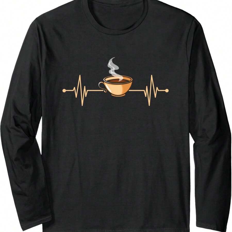 Drinking Coffee Heartbeat Cute Coffee Lover Long Sleeve T-Shirt - Black - View 1