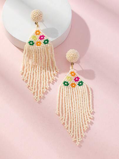 WinLeaf 1 对波西米亚风格花朵流苏耳环，带珠饰