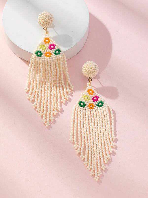 WinLeaf 1 Pair Bohemian Style Flower Tassel Earrings With Bead Details