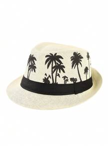 1pc Coconut Tree Bohemian Casual Vintage Polyester Satin Ribbon Printed Straw Braid Jazz Hat, Versatile Unisex Accessory Suitable For Carnival, St. Patrick's Day, Ramadan/Lslamic