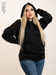 Solid Drop Shoulder Casual Hoodie - Black - View 2