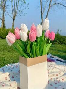 Ensemble principal de 6 tulipes artificielles, convient pour la décoration de la maison, décoration florale de table d'anniversaire, forçage de vraies et de fausses fleurs de tulipe (vase non inclus) pour symboliser la venue, la richesse et la prospérité - Multicolore - Voir 3