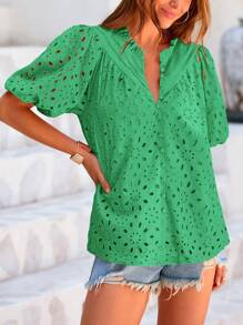 Women's Casual Summer V Neck Puff Short Sleeve Hollow Out Eyelet Embroidery Button ShirtSpring Fashion Beach Vacation Holiday Boho Blouse Top Outfits - 亮綠色 - 查看 3