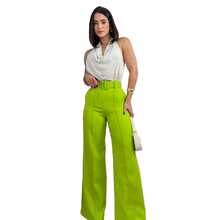 Pantalon mujer corte amplio cintura alta con cinturon elegante - Verde Lima - Ver 4