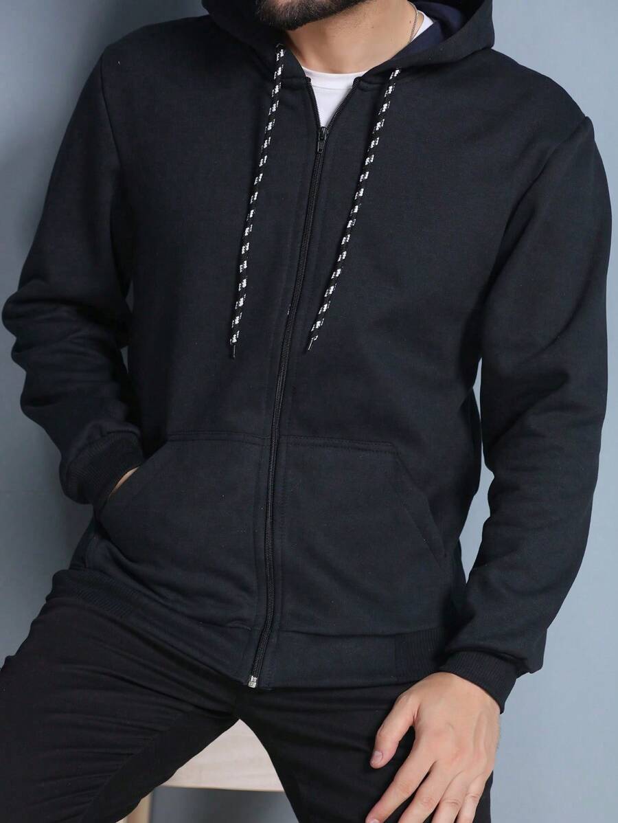 Zipper Sweatshirt Cold Weather Top Closed Flannel Hooded Sweatshirt Cotton Coat Unisex Women Men Plain Without Print - 黑色 - 查看 1