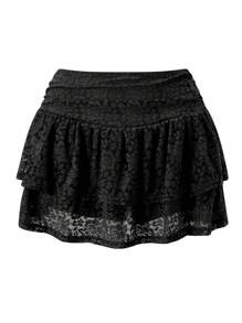 Women Tiered Ruffled Short Skirts Floral Lace Sheer Mid Rise Lined Cute Flowy Mini Skirts - Black - View 1