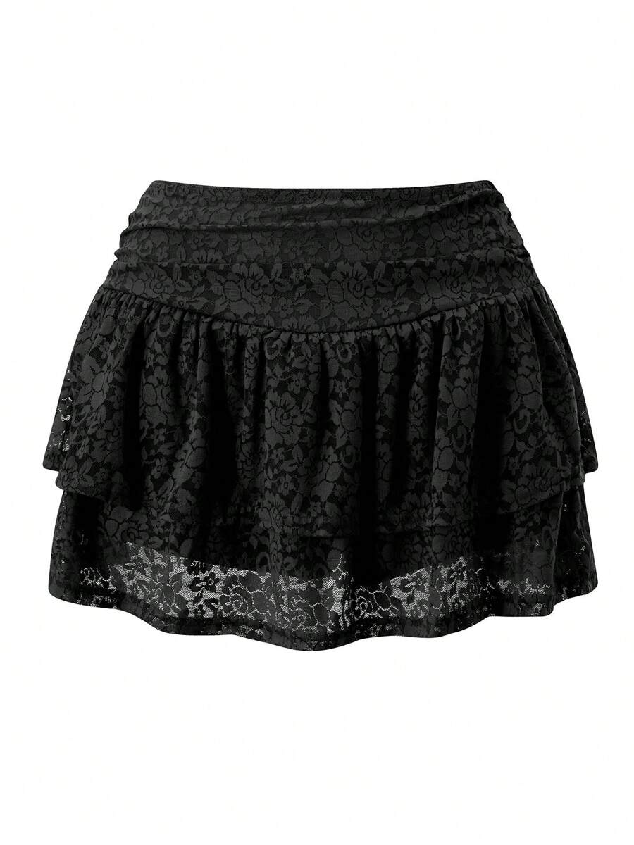 Women Tiered Ruffled Short Skirts Floral Lace Sheer Mid Rise Lined Cute Flowy Mini Skirts - Black - View 1