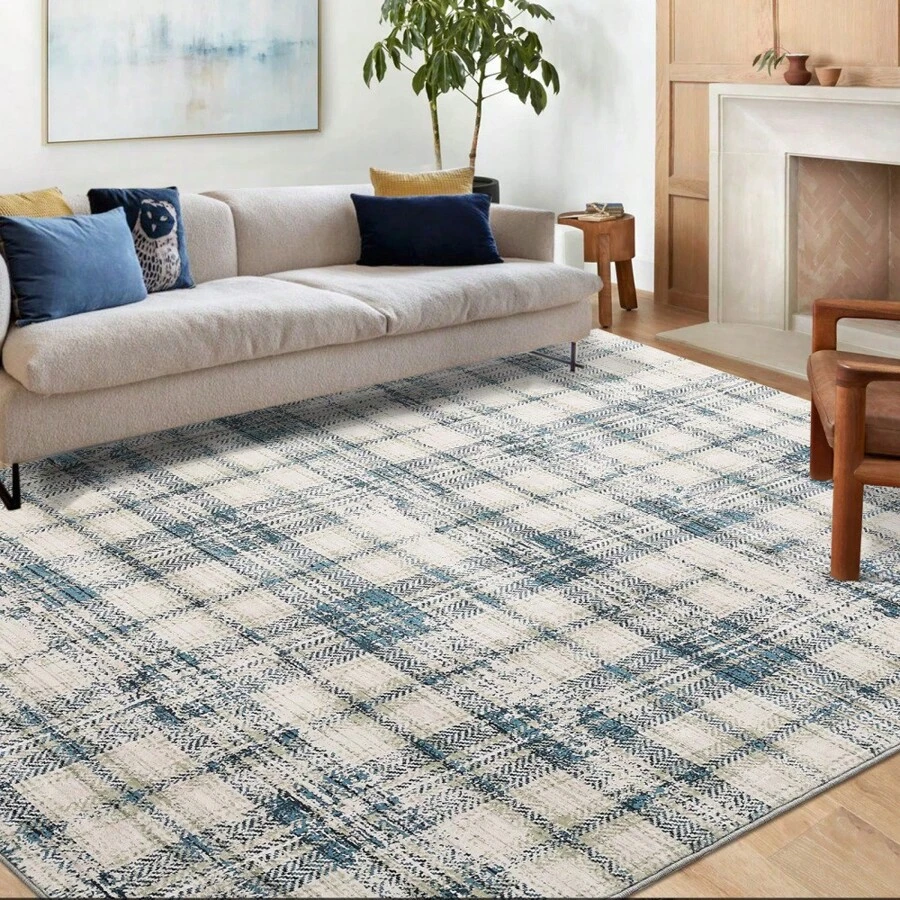 Living Room Plaid Machine Washable Print Area Rug Non Slip Bordered Mat Throw Rug Low Pile Thin Soft Floorcover Non Shedding Easy To Clean Indoor Carpet Stain Resistant Doormat For Laundry Bedroom Bathroom Bedside Dining Room Kitchen - Blue Beige - 查看 1