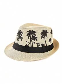 1pc Coconut Tree Bohemian Casual Vintage Polyester Satin Ribbon Printed Straw Braid Jazz Hat, Versatile Unisex Accessory Suitable For Carnival, St. Patrick's Day, Ramadan/Lslamic