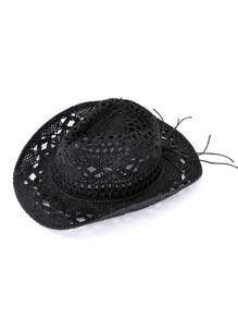 1pc Solid Color Boho Casual Hollow-Out Decor UPF Sun Protection Woven Panama Hat, Cowboy Sunhat, Fashion & Versatile For All Seasons, Commute