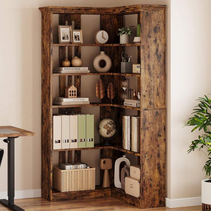 Farmhouse Bookshelf Corner Bookcase 72.8" Large Bookcase Wood Bookshelf Tall L Shaped Bookshelf 5 Tier Corner Shelf Display Rack Etagere Shelf Storage For Office Bedroom - 棕色 - 查看 1