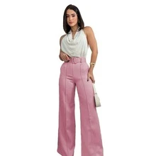Pantalon mujer corte amplio cintura alta con cinturon elegante - Rosa vieja - Ver 3