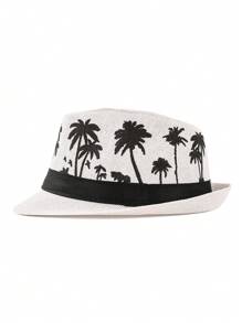 1pc Coconut Tree Bohemian Casual Vintage Polyester Satin Ribbon Printed Straw Braid Jazz Hat, Versatile Unisex Accessory Suitable For Carnival, St. Patrick's Day, Ramadan/Lslamic