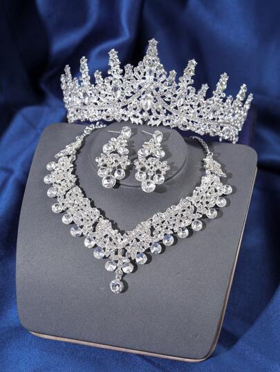 مجموعة إكسسوارات مجوهرات عروس أنيقة، تشمل تاج بلورات، قلادة وأقراط، مجموعة مجوهرات فاخرة من 4 قطع، مناسبة لفستان الزفاف والحفلات والمناسبات