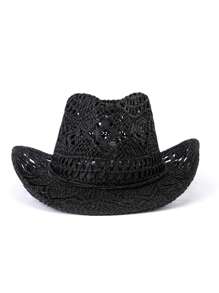 1pc Solid Color Boho Casual Hollow-Out Decor UPF Sun Protection Woven Panama Hat, Cowboy Sunhat, Fashion & Versatile For All Seasons, Commute
