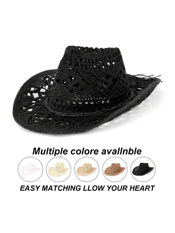 1pc Solid Color Boho Casual Hollow-Out Decor UPF Sun Protection Woven Panama Hat, Cowboy Sunhat, Fashion & Versatile For All Seasons, Commute
