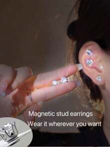 3 件时尚简约磁性耳钉，耳垂磁铁耳环适合女性在任何场合佩戴 - 銀色 - 查看 2