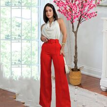 Pantalon mujer corte amplio cintura alta con cinturon elegante - Rojo - View 3