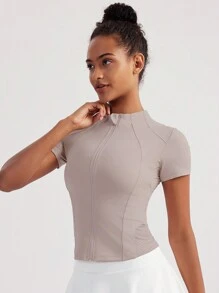 [Spring/Summer] VUTRU 1pc Women's Front Zip-Up Short Sleeve Slim Fit Sports Jacket With Contrast Mesh, Suitable For Yoga, Daily Casual, Fitness - Dusty Pink - View 6