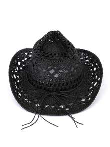 1pc Solid Color Boho Casual Hollow-Out Decor UPF Sun Protection Woven Panama Hat, Cowboy Sunhat, Fashion & Versatile For All Seasons, Commute