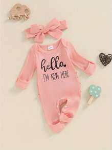 Newborn Baby Girl Fall Winter Clothes Ribbed Jumpsuit Long Sleeve Ruffle Romper With Headband Coming Home Outfits - Pink - View 5