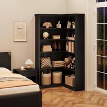 Estantería de esquina estilo granja 72.8" Gran estantería para libros de madera Estantería alta en forma de L de 5 niveles Estantería de exhibición en esquina Estante Etagere para almacenamiento de oficina y dormitorio - Negro - Ver 5