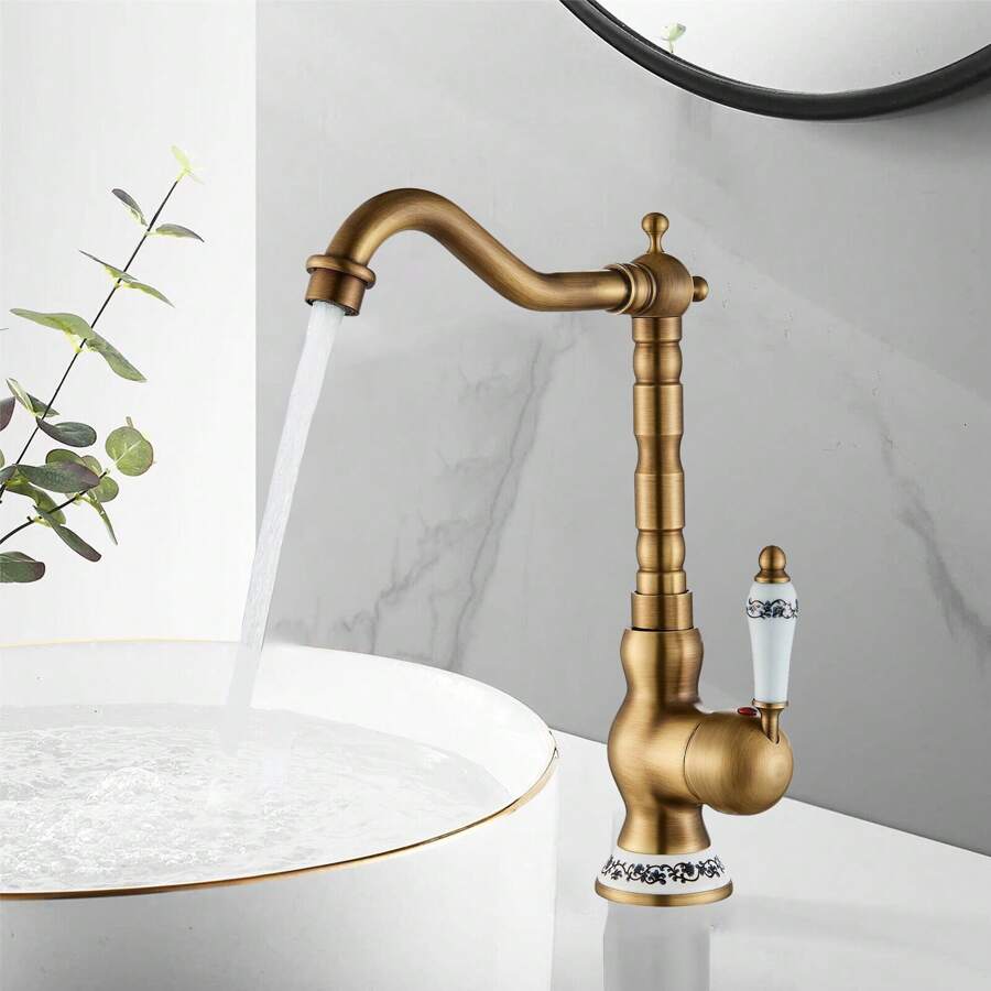Bathroom Faucet, Vintage Bathroom Faucet, Single Handle Bathroom Faucet Plus Celadon (Antique) - 金色 - 查看 1