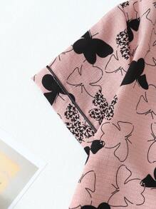 [Elegant Fields]2pcs Comfortable Butterfly Print Lapel Single-Breasted Short Sleeve Top With Pocket And Bowknot Shorts Pajama Set, Suitable For Spring/Summer Home Wear,Two Pieces Set - Pink - View 4