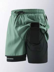 1pc Lightweight Breathable Quick-Dry Men's Printed Layered Athletic Shorts For Outdoor Sport Running In Summer - Green - View 2