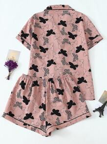 [Elegant Fields]2pcs Comfortable Butterfly Print Lapel Single-Breasted Short Sleeve Top With Pocket And Bowknot Shorts Pajama Set, Suitable For Spring/Summer Home Wear,Two Pieces Set - Pink - View 2