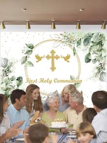 1 Stück Fotohintergrund für erste heilige Taufe mit Grünpflanzen, Friedenstaube und goldenem Design, 210cm x 150cm, Neugeborenen Geburtstag Fotohintergrund für drinnen und Outdoor