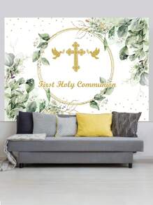 1 Stück Fotohintergrund für erste heilige Taufe mit Grünpflanzen, Friedenstaube und goldenem Design, 210cm x 150cm, Neugeborenen Geburtstag Fotohintergrund für drinnen und Outdoor